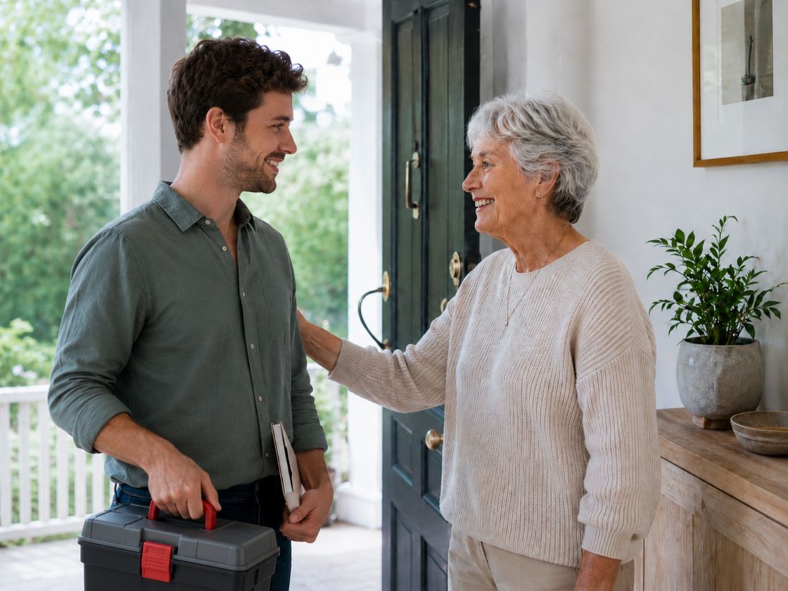 A Granddad's technician arriving with tools for a home maintenance check, welcomed at the door by an older homeowner in the Lower Mainland